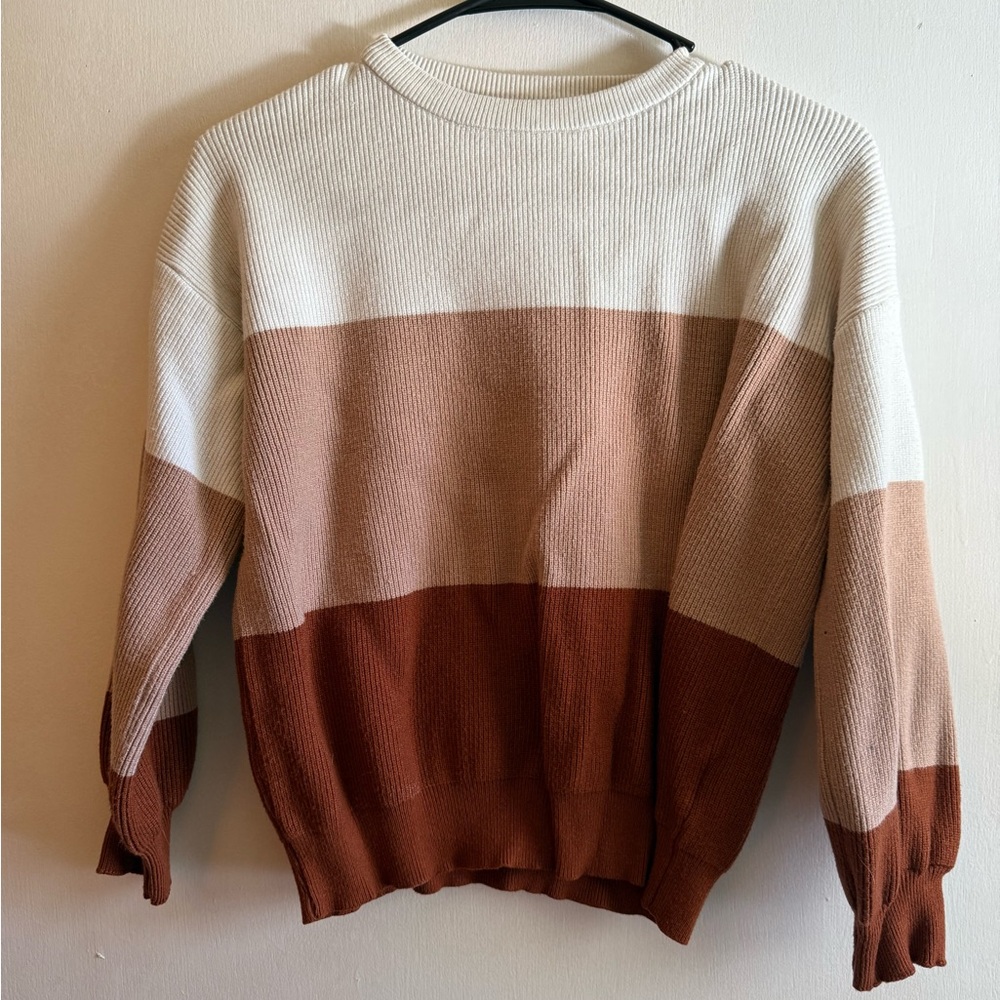 SHEIN Women's Striped Sweater in Cream, Tan, and Brown